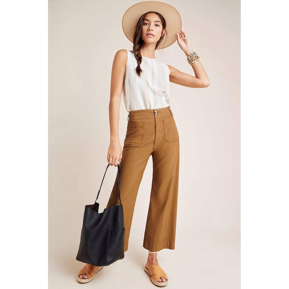 Maeve The Colette Pants Women 26 Tan Wide Leg High Rise Linen Blend Pockets